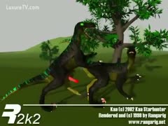 In a forest, a dinosaur smacks another dinosaur.